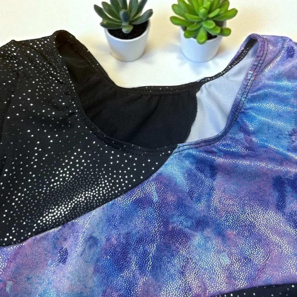 140 (size 9-10) Children's Long Sleeved Leotard in black, purple, and blue